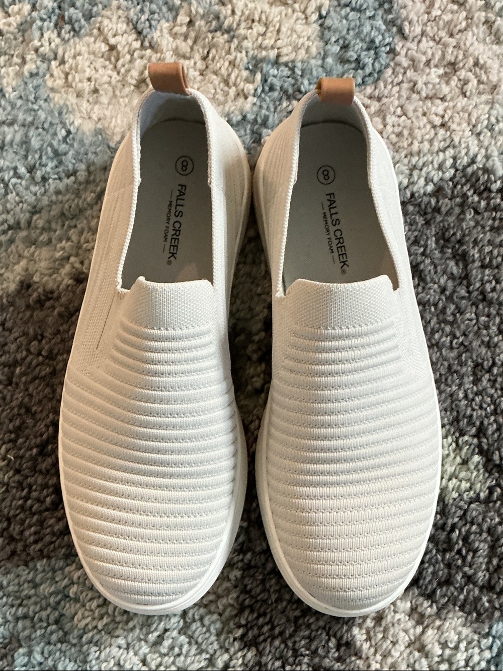 Falls Creek Slip-On Knit Sneakers in Off-White with Tan Pull Tab
